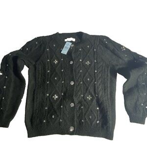 Womans Petites Jeweled Black Cable Knit Sweater Cardigan Size Small NWT Loft